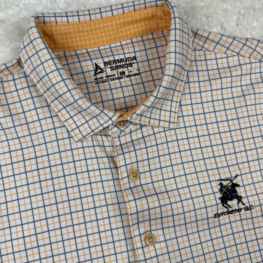 Bermuda Sands Mens XL Polo Shirt Wick Away Plaid Dorchester GC Orange Blue White